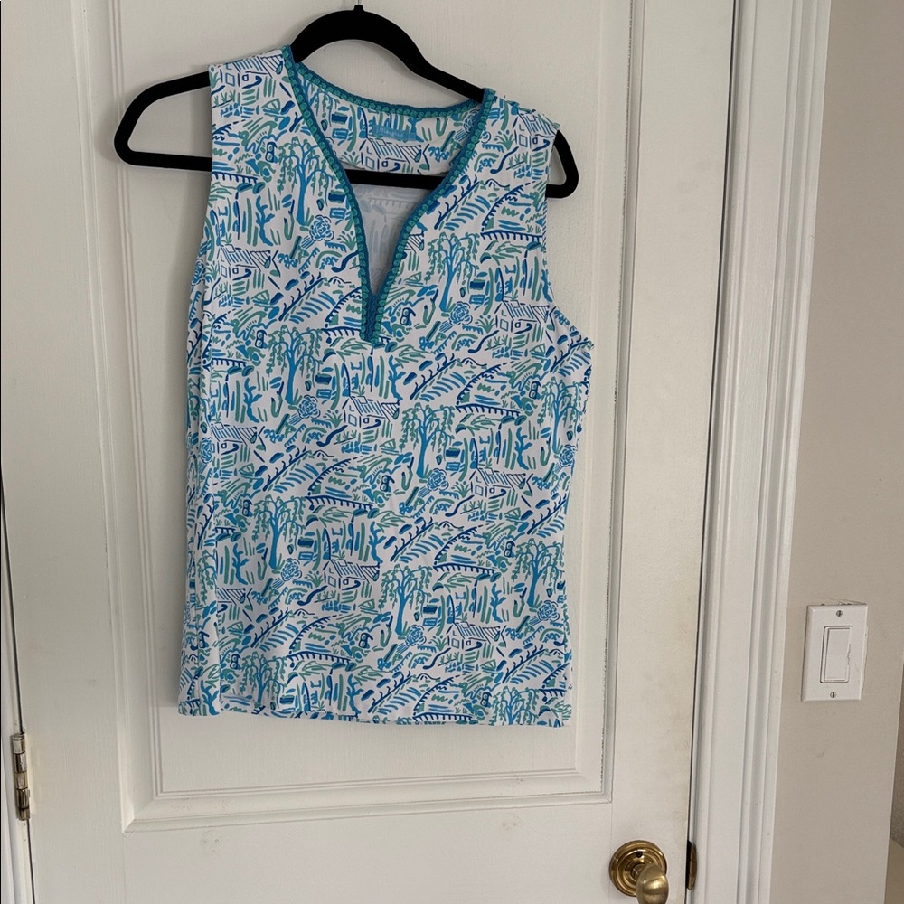 J. McLaughlin Blue and White Patterned Sleeveless Top